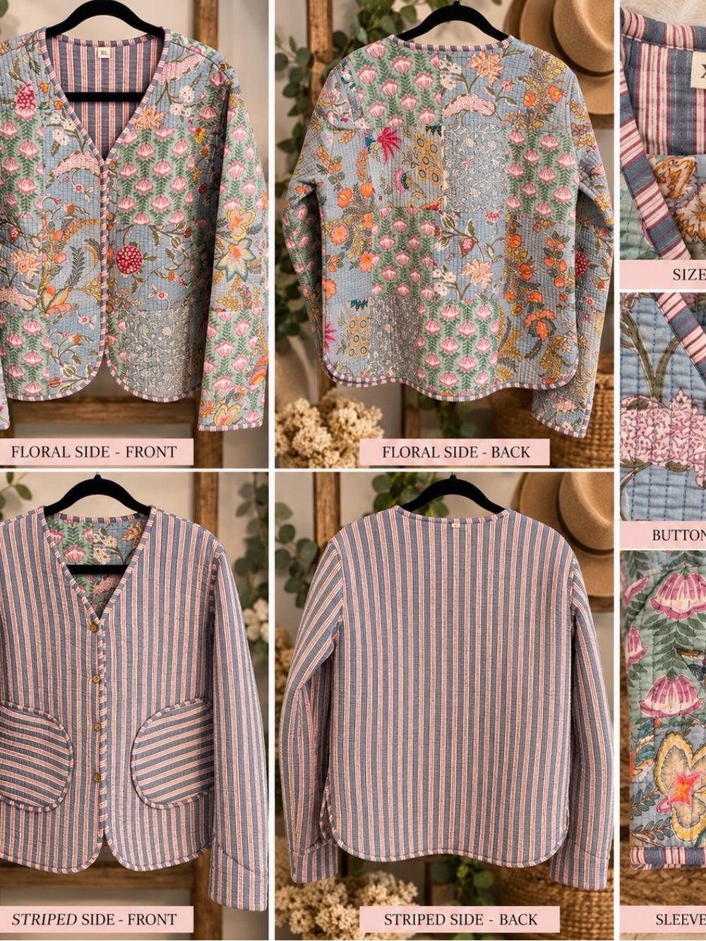 Unbranded Reversible Quilted Floral Patchwork Striped Boho Jacket XL P2P 22’